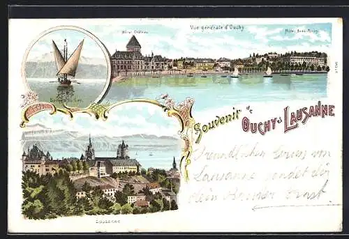 Lithographie Lausanne, vue générale de la ville et de Ouchy, les hôtels Château et Beau-Rivage, un barque sur le lac