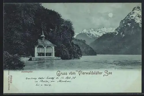 Mondschein-AK Vierwaldstätter See, Tellskapelle am Ufer bei Nacht