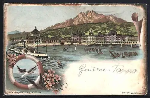 Lithographie Luzern, Teilansicht und Dampfer Stadt Luzern, Möwen