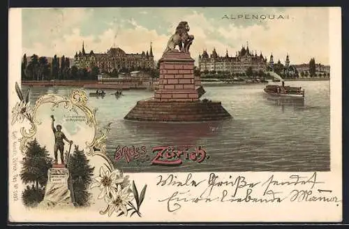 Lithographie Zürich, Blick auf den Alpenquai, Turnerstatue