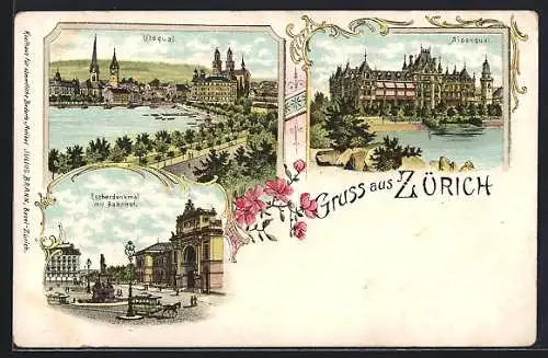 Lithographie Zürich, Bahnhof mit Escherdenkmal, Utoquai, Alpenquai, Pferdebahn