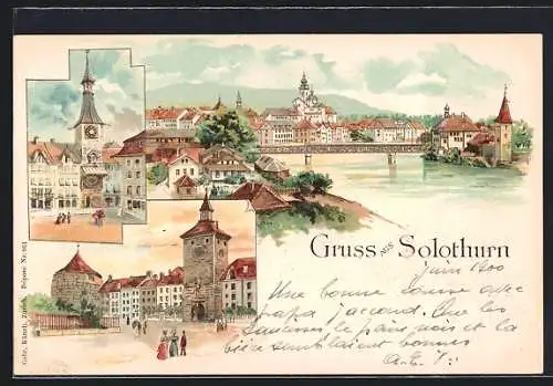 Lithographie Solothurn, Uferpartie, Partie am Tor, Ortspartie