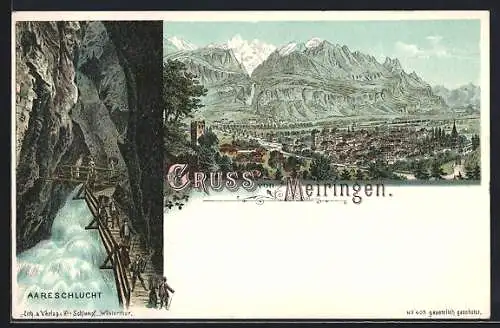 Lithographie Meiringen, Generalansicht, in der Aareschlucht