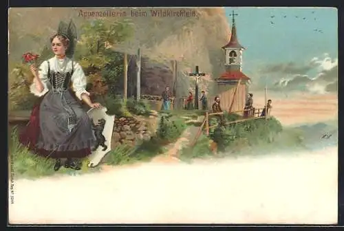 Lithographie Wildkirchli, Kapelle, Appenzellerin in Tracht