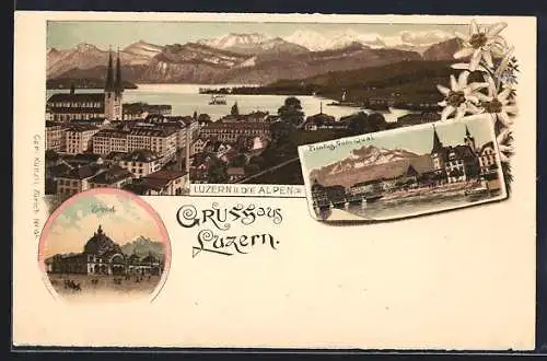 Lithographie Luzern, Bahnhof, Pilatus vom Quai gesehen