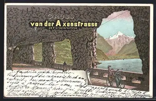 Lithographie Flüelen, Axenstrasse am Vierwaldstaettersee