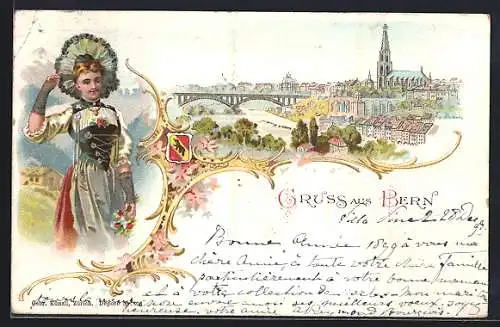 Lithographie Bern, Teilansicht mit Brücke, Frau in Trachten und Wappen