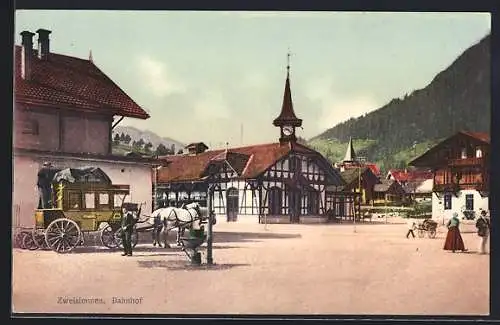 AK Zweisimmen, Blick auf den Bahnhof, Kutsche