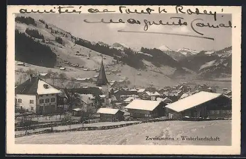 AK Zweisimmen, Ortsansicht im Winter