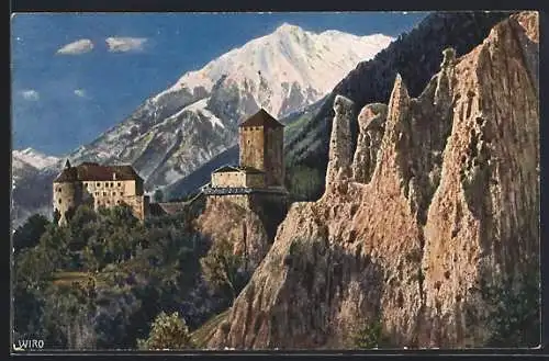 Künstler-AK Meran, Schloss Tirol mit den Erdpyramiden