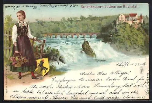 Lithographie Schaffhausen / Oberrhein, Schaffhausermädchen am Rheinfall