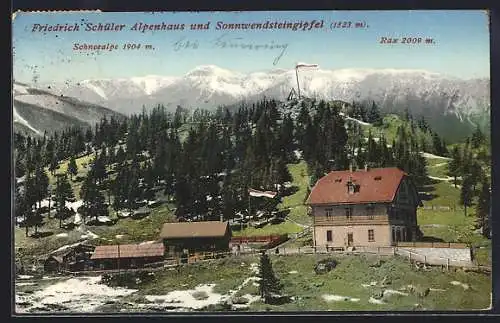 AK Sonnwendsteingipfel mit dem Friedrich Schüler Alpenhaus