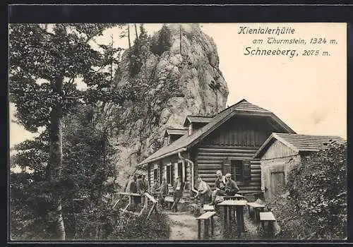 AK Kientalerhütte am Thurmstein, Berghütte mit Schneeberg und Gästen