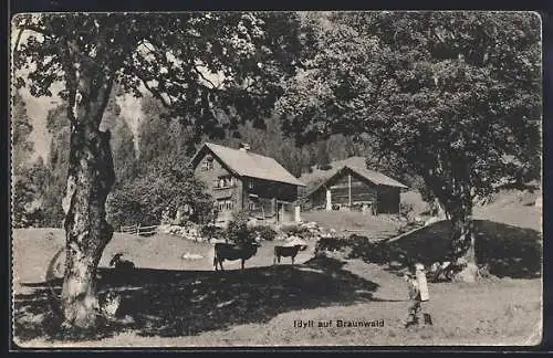 AK Braunwald, Bauernhaus mit Kühen auf der Weide