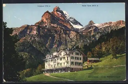 AK Braunwald, Hotel Niederschlacht mit Blick auf Ortstock und Hoher Turm