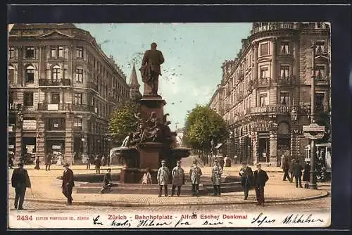 AK Zürich, Bahnhofplatz, Alferd-Escher-Denkmal, Hotel National