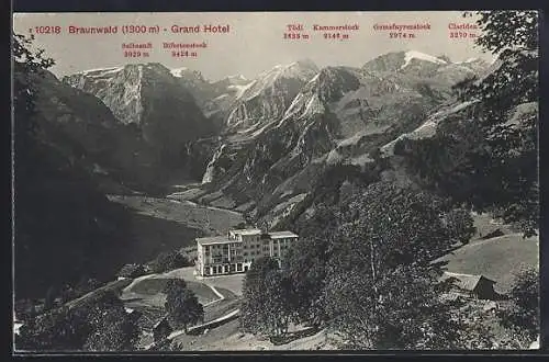 AK Braunwald, Grand Hotel mit Tödi, Kammerstock und Clariden