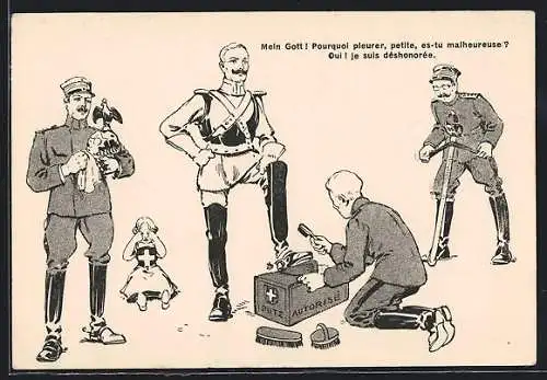 Künstler-AK Schweizer Schuhputzer poliert Kaiser Wilhelm II. die Stiefel, weinendes Kind, empörter Soldat