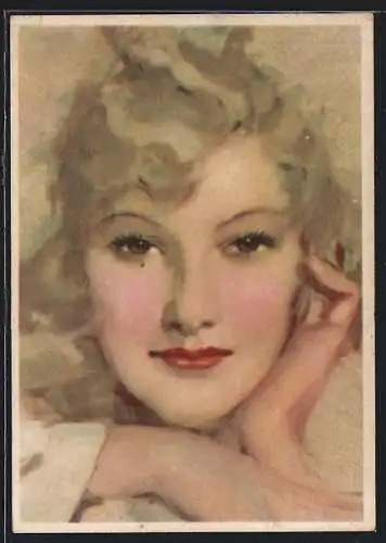 AK Gesicht einer blonden und jungen Frau mit rotem Lippenstift, Art Deco