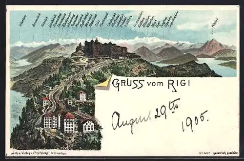 Lithographie Rigi, an der Rigibahn hinauf zur Kulm