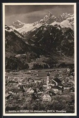 AK Schruns im Montafon, Teilansicht mit Kirche und Zimbaspitze