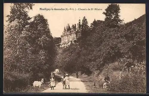 AK Montigny-le-Gannelon, Chemin de St-Hilaire et château en arrière-plan