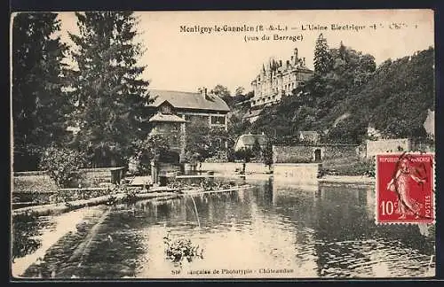 AK Montigny-le-Gannelon, L`Usine Electrique et Château vus du Barrage