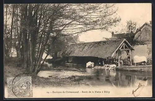 AK Blévy, Bords de la Blaise avec lavoir et animaux