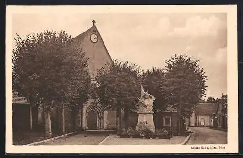 AK Jouy, L`église et le monument devant l`entrée