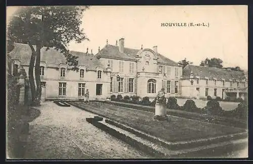 AK Houville, Vue du manoir élégant avec jardin à la francaise