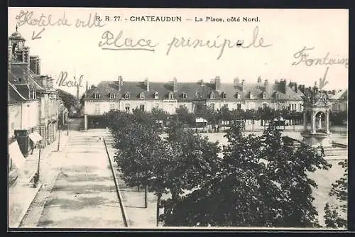 AK Châteaudun, La Place côté Nord avec fontaine et arbres