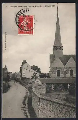 AK Beauches, Vue de l`église et de la rue principale