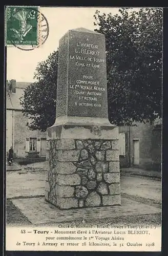 AK Toury, Monument à l`aviatrice L. Blériot pour le 1er voyage aérien Toury-Artenay et retour