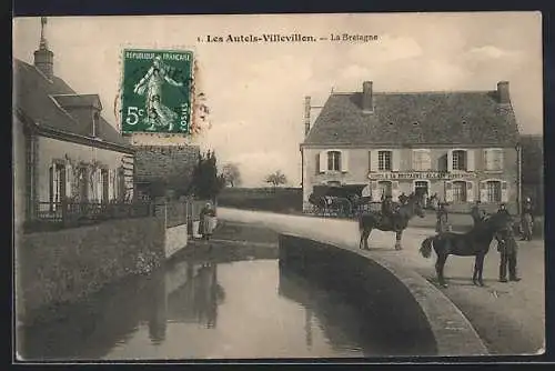 AK Les Autels-Villevillon, Scène de rue avec canal et chevaux en Bretagne