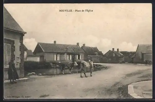 AK Bouville, Place de l`Église avec vaches sur la route