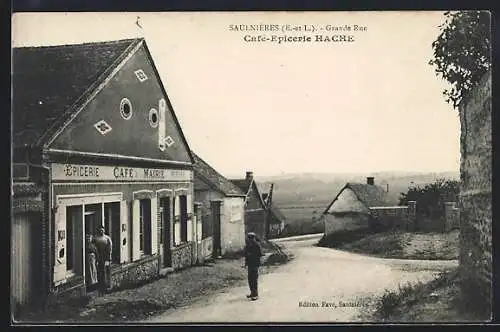 AK Saulnières, Grande Rue avec le Café-Épicerie Hache et vue du village