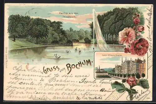 Lithographie Bochum, Partie aus dem Stadtpark mit Schwänen, Kaiser-Wilhelm-Strasse