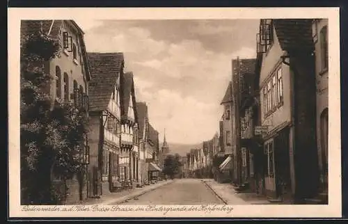 AK Bodenwerder a. d. Weser, Grosse Strasse im Hindergrunde der Hopfenberg