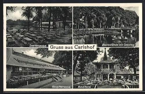 AK Berlin-Plötzensee, Gasthof Carlshof am Spandauer Schiffahrtskanal, Hauptterrasse, Konditorei, Bootsstände