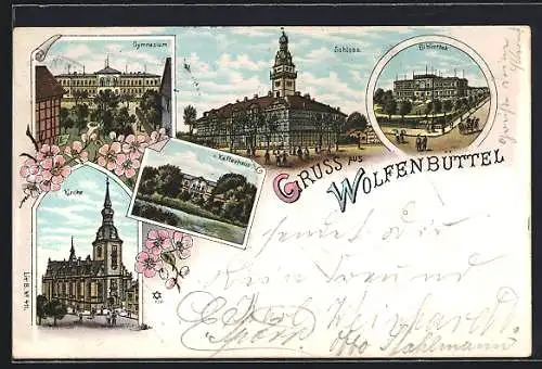 Lithographie Wolfenbüttel, Schloss, Gymnasium, Kirche & Bibliothek