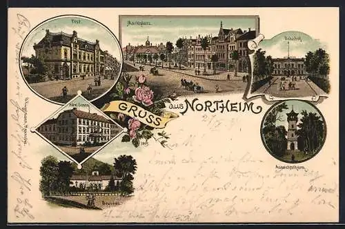 Lithographie Northeim, Hotel Sonne, Bahnhof, Aussichtsturm, Brunnen, Post & Marktplatz