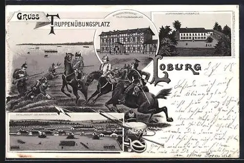 Lithographie Loburg, Truppenübungsplatz, Manöverszene, Gesamtansicht, Bahnhofs-Restaurant