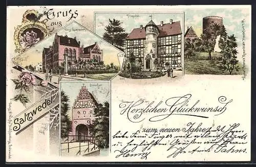 Lithographie Salzwedel, Königl. Gymnasium, Steinthor und Probstei