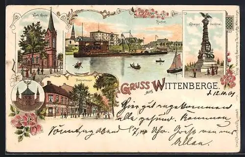 Lithographie Wittenberge, Bahnstrasse, Hafenpartie mit Dampfschiff, Kath. Kirche