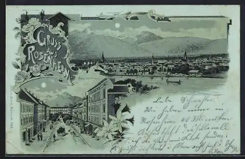 Mondschein-Lithographie Rosenheim / Bayern, Bahnhofstrasse und Totalansicht