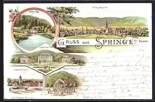 Lithographie Springe, Gasthof zur Deister-Pforte, Kaiserl. Jagd Schloss, Holzmühle