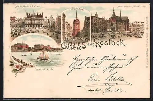 Lithographie Rostock, Neuer Markt und Marienkirche, Kropkliner Thor, Warnemünde