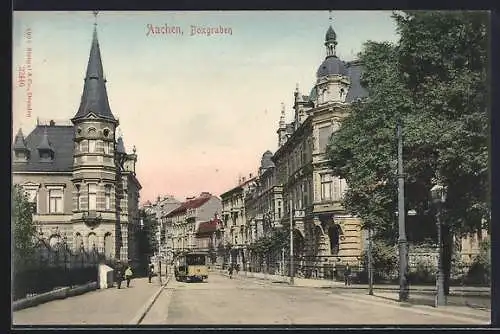 AK Aachen, Strasse am Boxgraben mit Strassenbahn