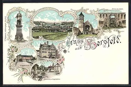 Lithographie Hersfeld, Gymnasium mit Kriegerdenkmal, Kriegsschule, Stiftsruine und Rathaus