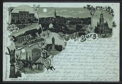 Mondschein-Lithographie Burg / Anhalt, Hotel Roland, Gymnasium, Berliner Thor, Post, Kaiser Wilhelm-Denkmal